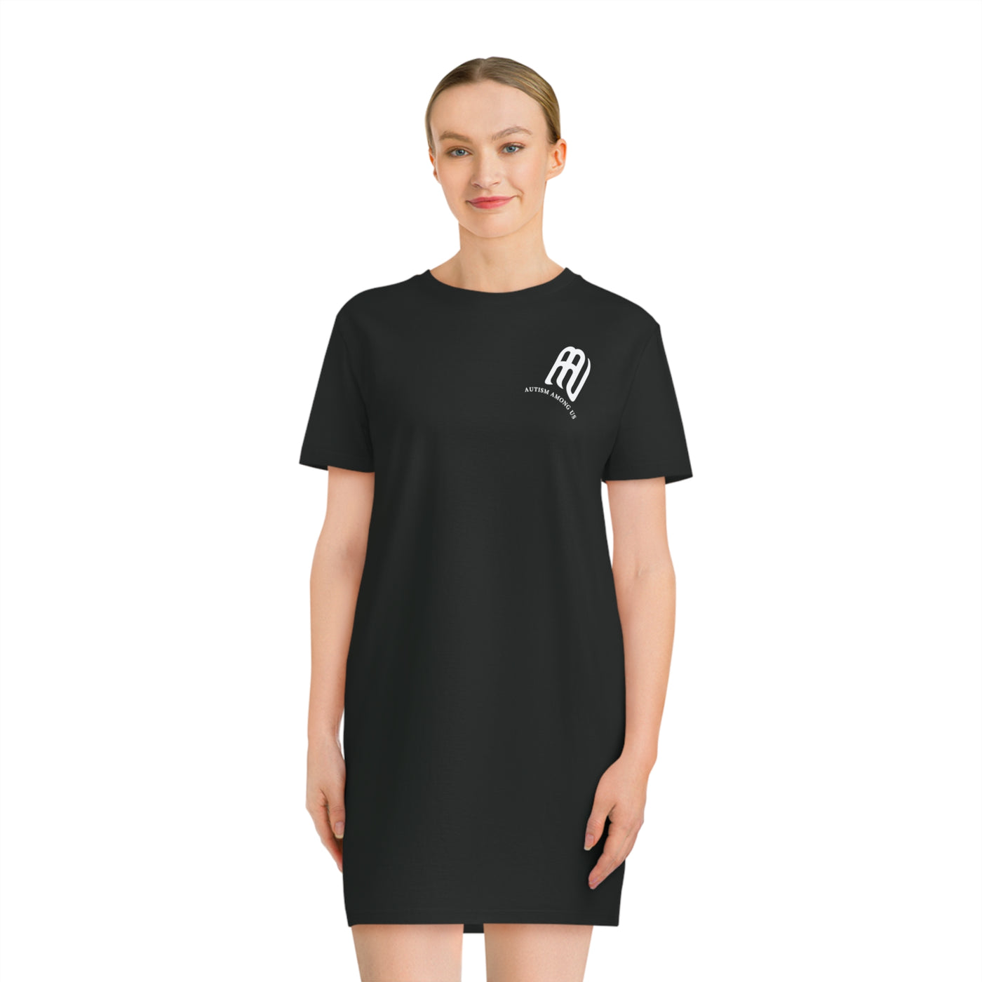 Umweltfreundliches Spinner-T-Shirt-Kleid aus Bio-Baumwolle mit weißem Logo | AUTISMUS UNTER UNS