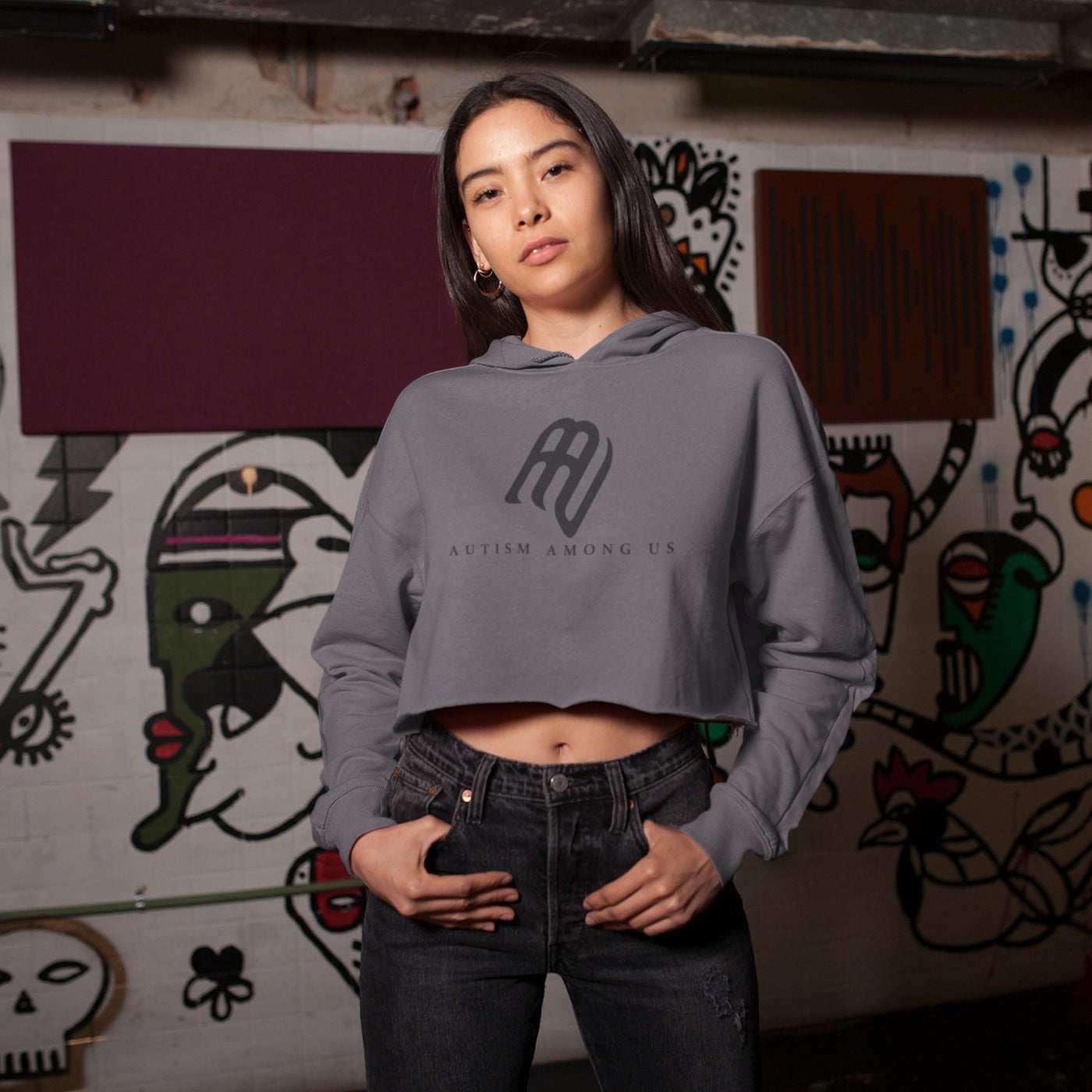 Crop Hoodie - Middle Chest Black Logo | AUTISM AMONG US